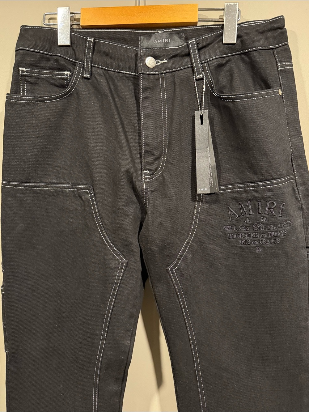 AMIRI Rare mens Black Straight Carpenter Jeans with Contrast white Stitching